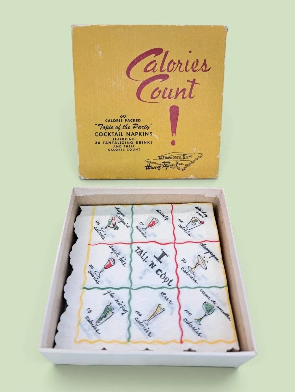 Vintage 1950s House Of Paper Calories Count Cocktail Napkins Boxed Set Of 20
